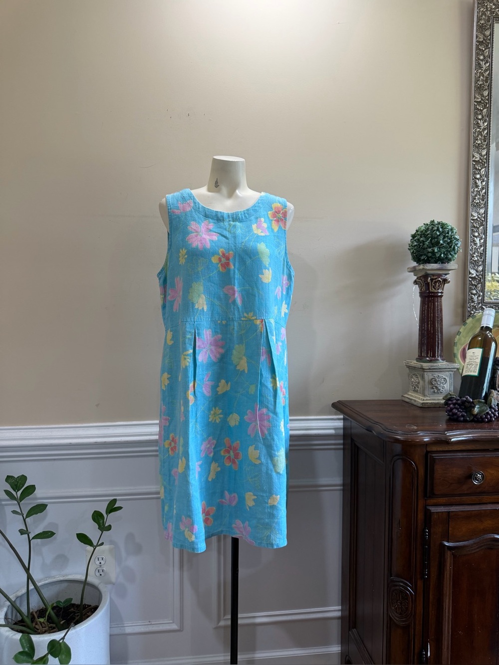Vintage Real Comfort Linen Sleeveless Floral Shift Dress in Aqua
